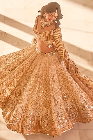 Beige Chanderi Printed Lehenga Set by Abhinav Mishra