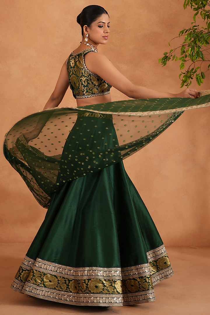 Bottle Green & Gold Dupion Silk Wedding Lehenga Set by Deepika Chadha at Pernia's Pop Up Shop