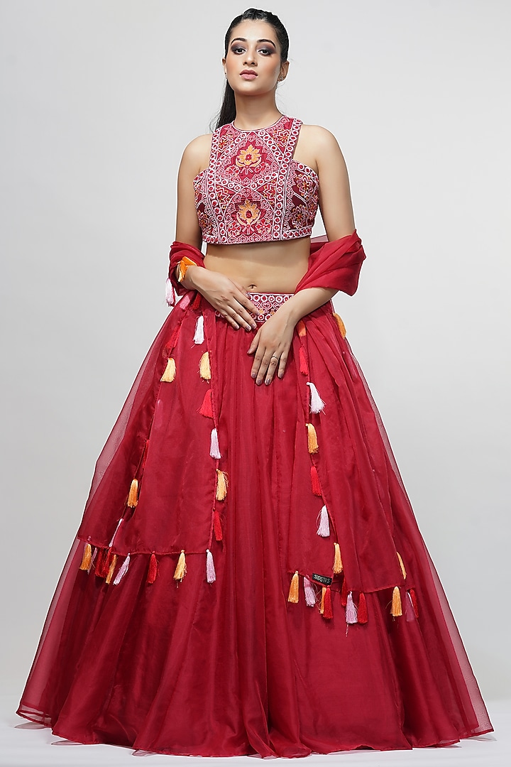 Red Organza Lehenga Set by Shruti S