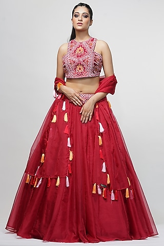 Red Organza Lehenga Set by Shruti S