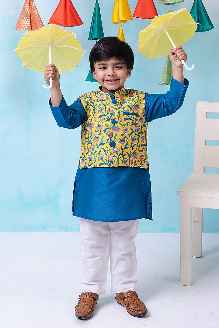 Multi-Colored Cotton Silk Paisley Printed Bundi Jacket Set For Boys by Be Bonnie