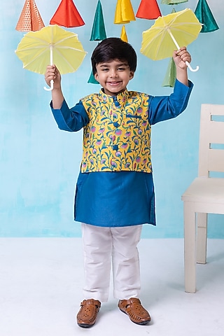 Multi-Colored Cotton Silk Paisley Printed Bundi Jacket Set For Boys by Be Bonnie