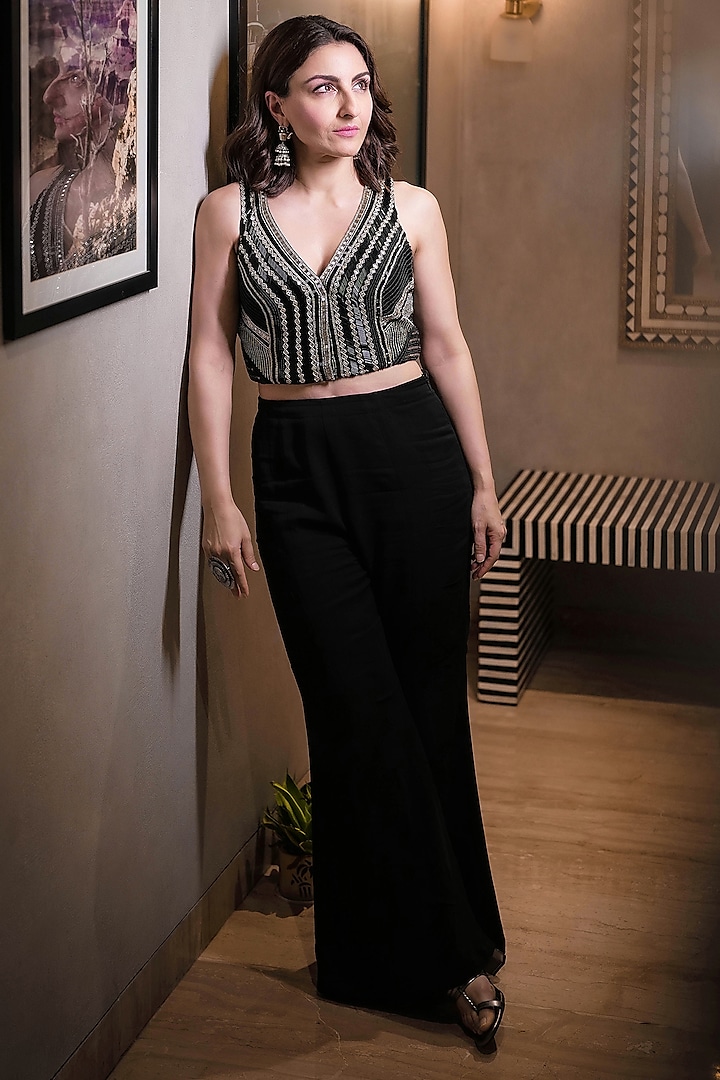 Black Georgette Hand Embroidered Pant Set by Charu & Vasundhara at Pernia's Pop Up Shop