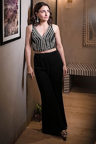 Black Georgette Hand Embroidered Pant Set by Charu & Vasundhara