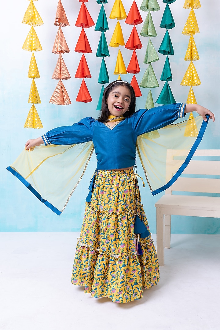 Yellow Cotton Muslin Paisley Printed Lehenga Set For Girls by Be Bonnie at Pernia's Pop Up Shop