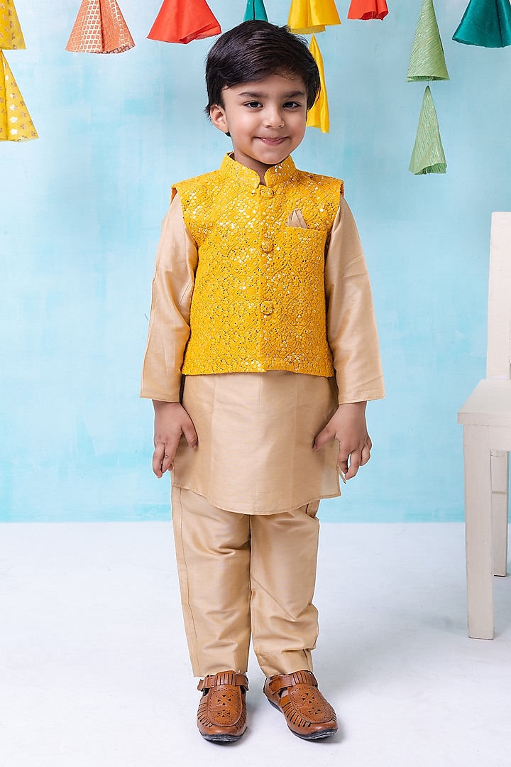 Yellow Cotton Silk Embroidered Nehru Jacket Set For Boys by Be Bonnie