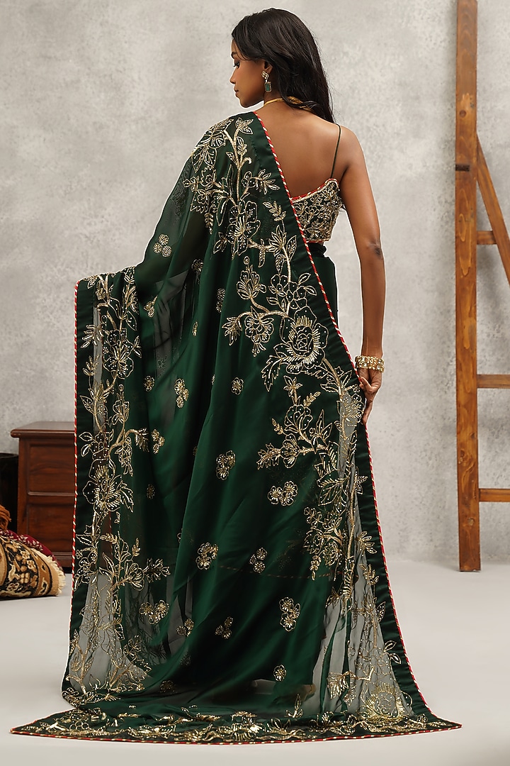 Bottle Green Double Georgette Hand & Machine Embroidered Wedding Saree Set by Kapda Dori at Pernia's Pop Up Shop