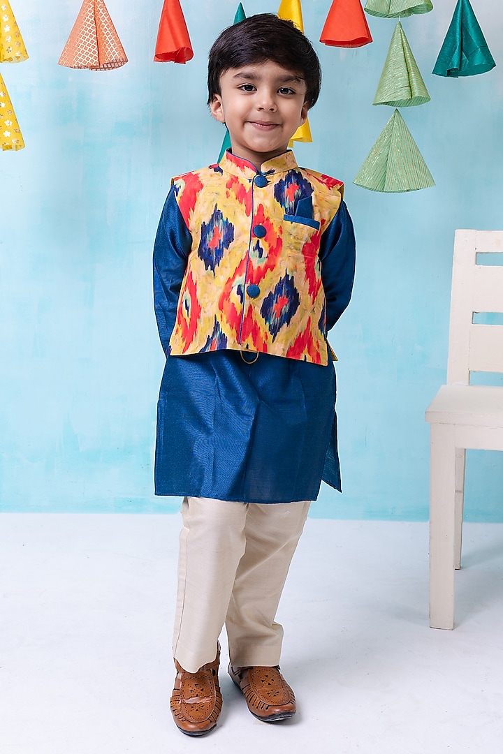 Multi-Colored Muslin Ikat Printed Bundi Jacket Set For Boys by Be Bonnie