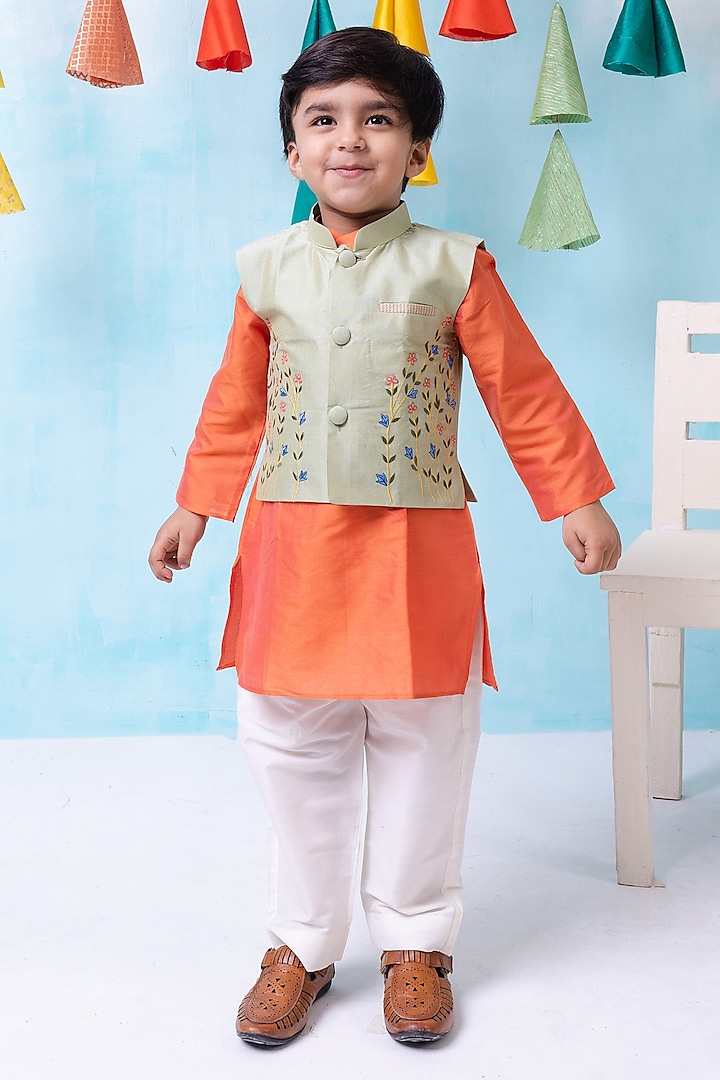 Pista Green Cotton Silk Thread Hand Embroidered Bundi Jacket Set For Boys by Be Bonnie