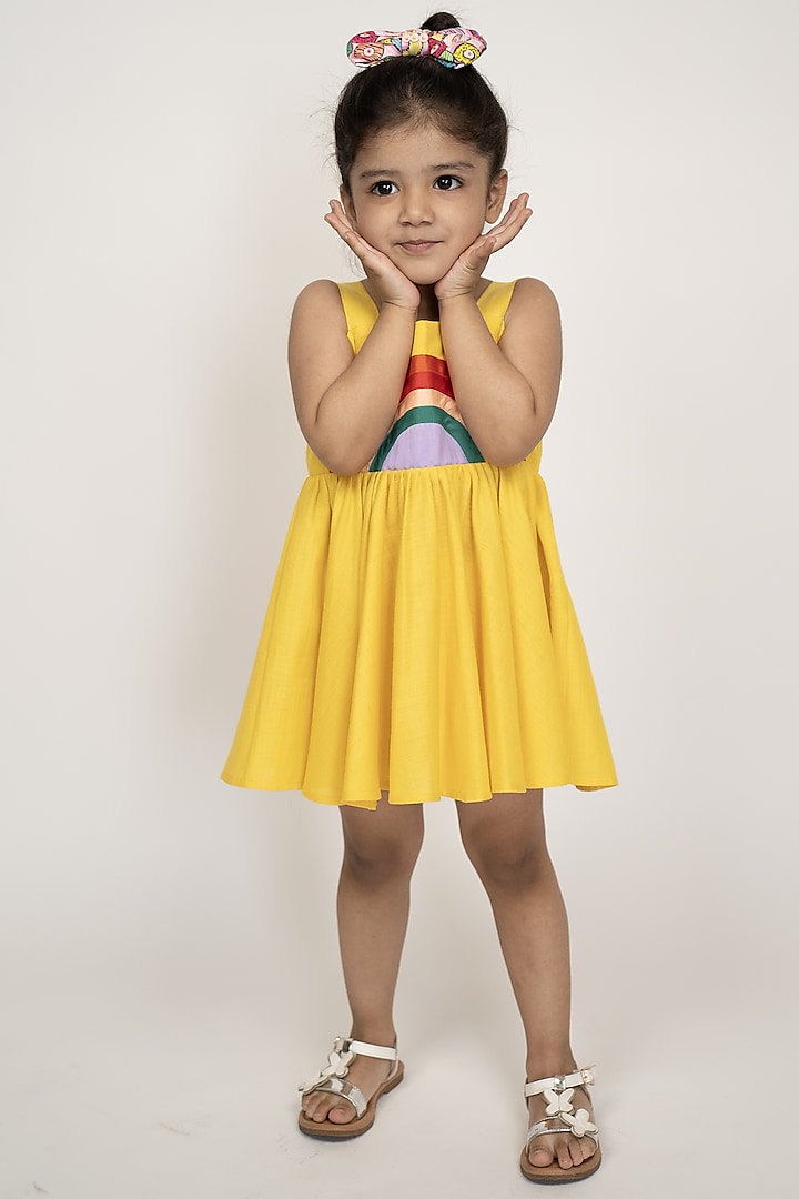 Yellow Cotton Rainbow Dress For Girls by PiccoRicco at Pernia's Pop Up Shop