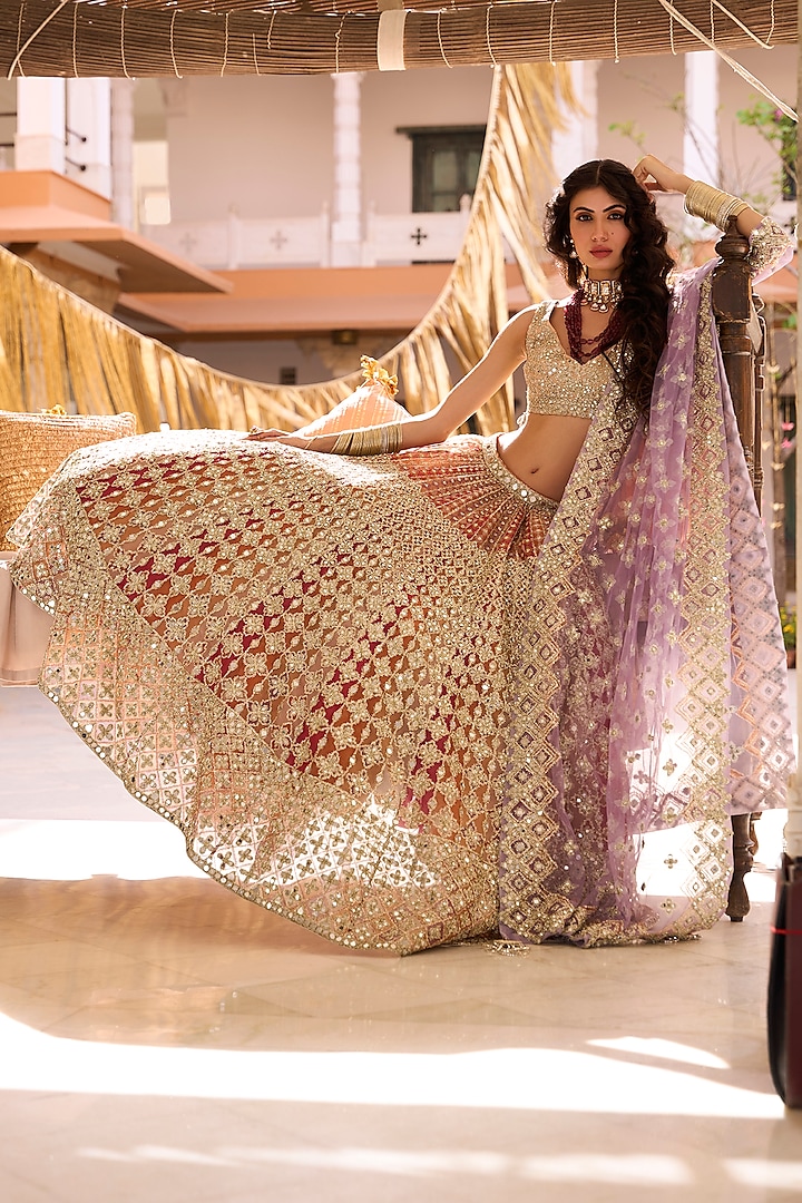 Multi-Colored Net Embroidered Bridal Lehenga Set by Abhinav Mishra at Pernia's Pop Up Shop
