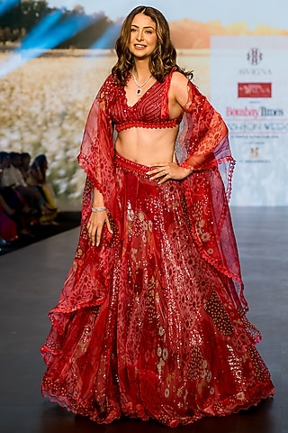 Coral Red Organza Printed Skirt Set by AWIGNA BY VARSHA & RITTU