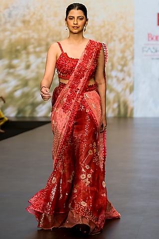 Coral Red Organza & Net Printed Sharara Saree Set by AWIGNA BY VARSHA & RITTU