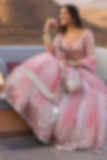 Pastel Pink Chanderi Printed Bridal Lehenga Set by Abhinav Mishra at Pernia's Pop Up Shop