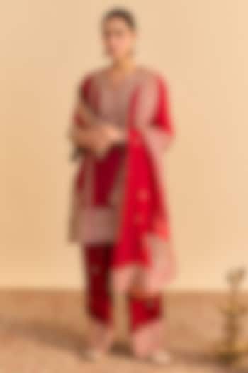 Deep Red Silk Chanderi Embroidered A-Line Kurta Set by Sheetal Batra at Pernia's Pop Up Shop