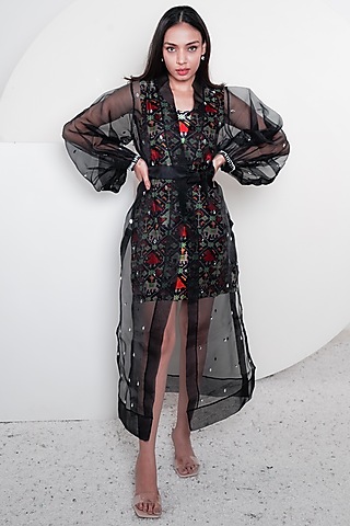 Black Printed & Embroidered Dress With Jacket by Komal Shah