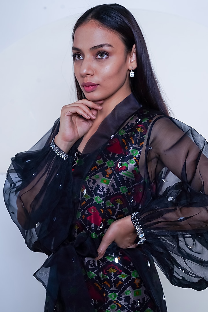 Black Printed & Embroidered Summer Dress With Jacket by Komal Shah at Pernia's Pop Up Shop