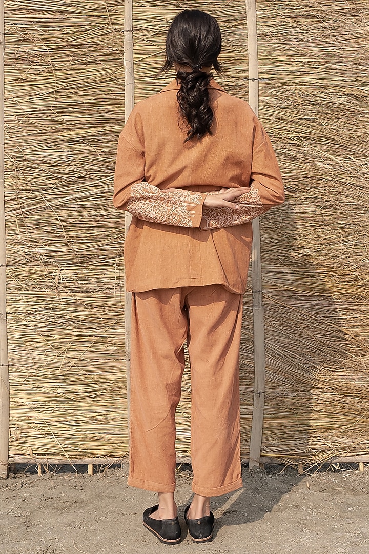 Brown Corduroy & Viscose Tabby Hand Embroidered Jacket by AYAKA at Pernia's Pop Up Shop