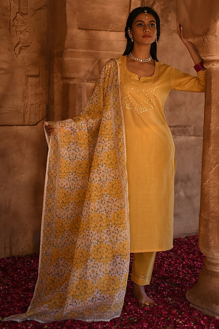 Mustard Cotton Kurta Set by Karaj Jaipur at Pernia's Pop Up Shop