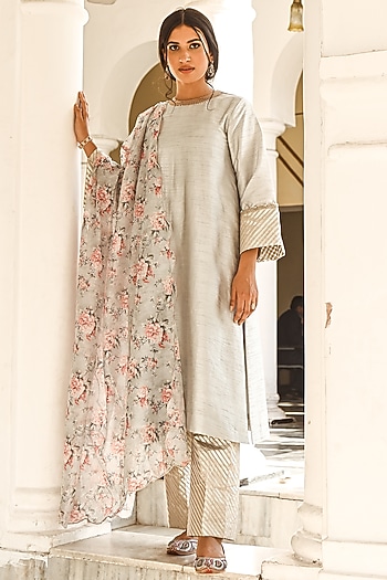Light Grey Dupion Silk Kurta Set by Palak & Mehak at Pernia's Pop Up Shop