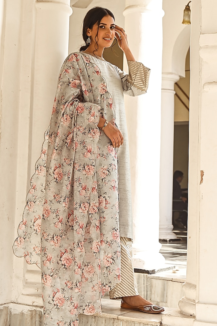 Light Grey Dupion Silk Kurta Set by Palak & Mehak at Pernia's Pop Up Shop