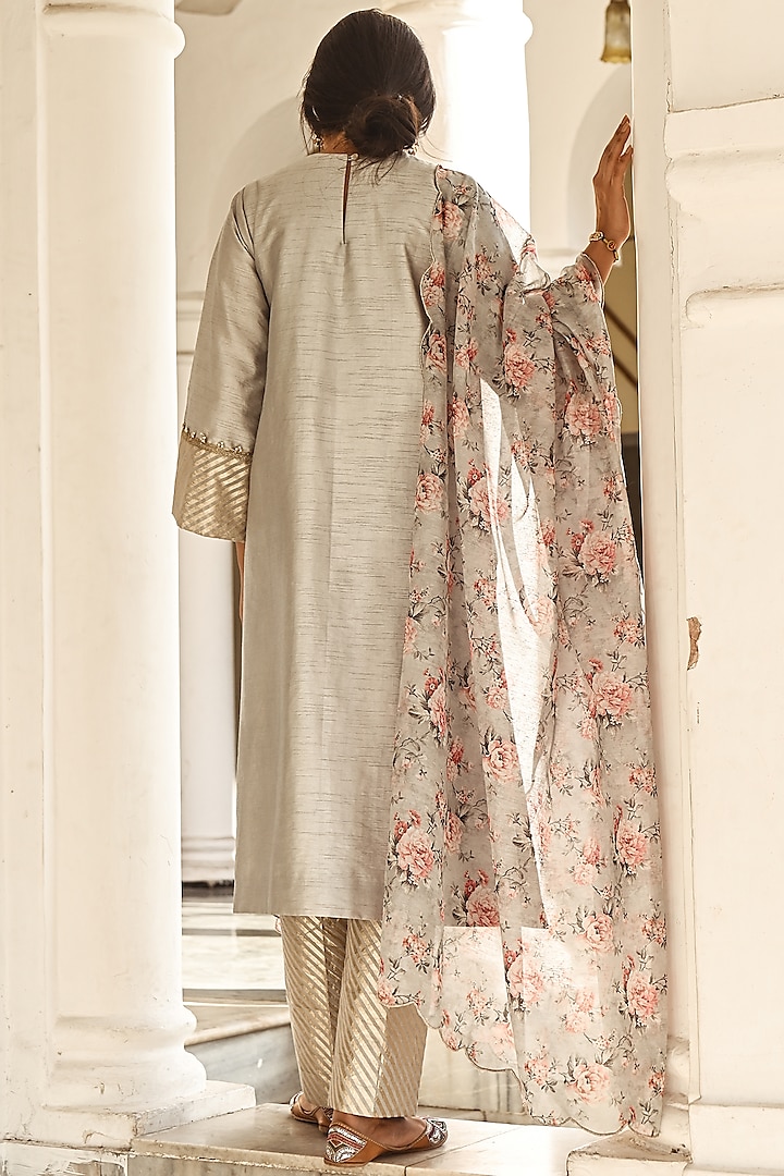 Light Grey Dupion Silk Kurta Set by Palak & Mehak at Pernia's Pop Up Shop