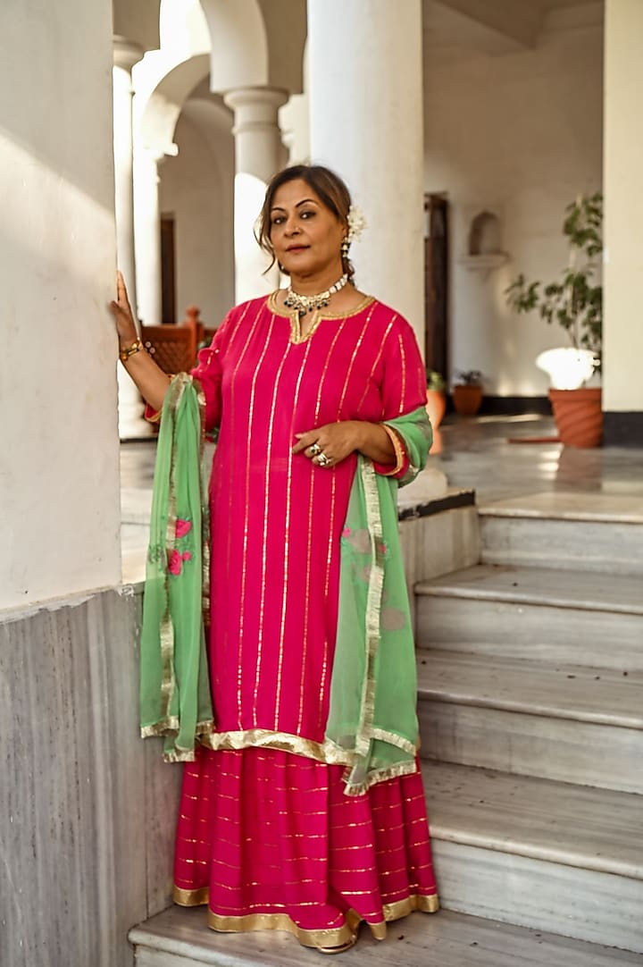 Rani Pink Lurex Modal Kurta With Dupatta by Palak & Mehak