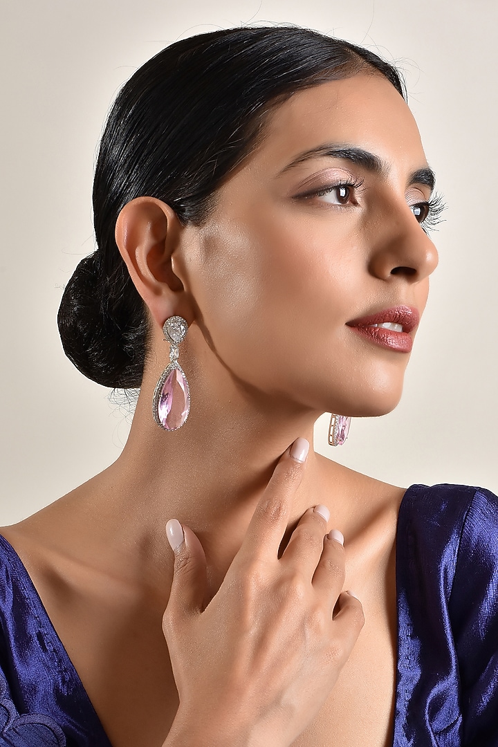Silver Finish Rose Quartz Earrings by Swabhimann Jewellery at Pernia's Pop Up Shop