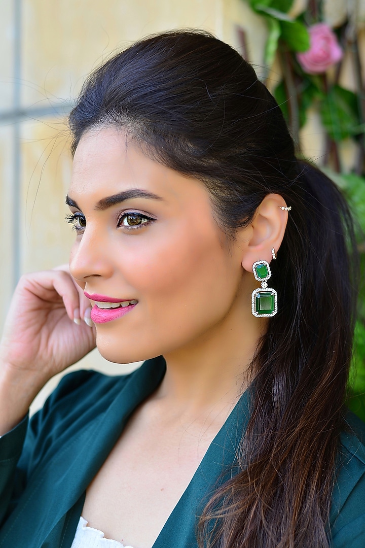 White Finish Emerald Stud Earrings by Swabhimann Jewellery at Pernia's Pop Up Shop