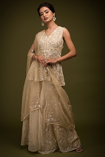 Ivory-Beige Handloom Tissue Chanderi Wedding Sharara Set by Farha Syed at Pernia's Pop Up Shop
