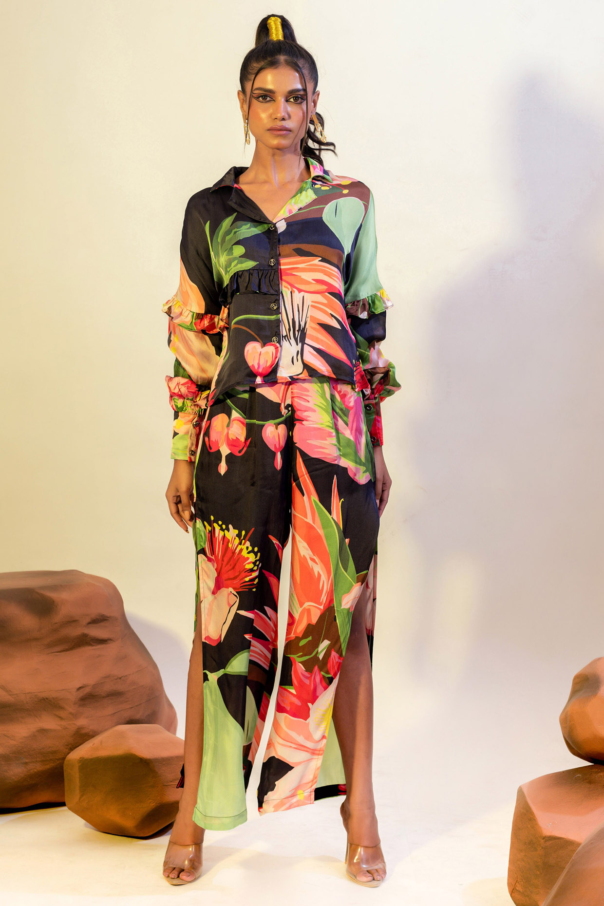 Multi-Colored Viscose Satin Printed Co-Ord Set by That Thing You Love at Pernia's Pop Up Shop