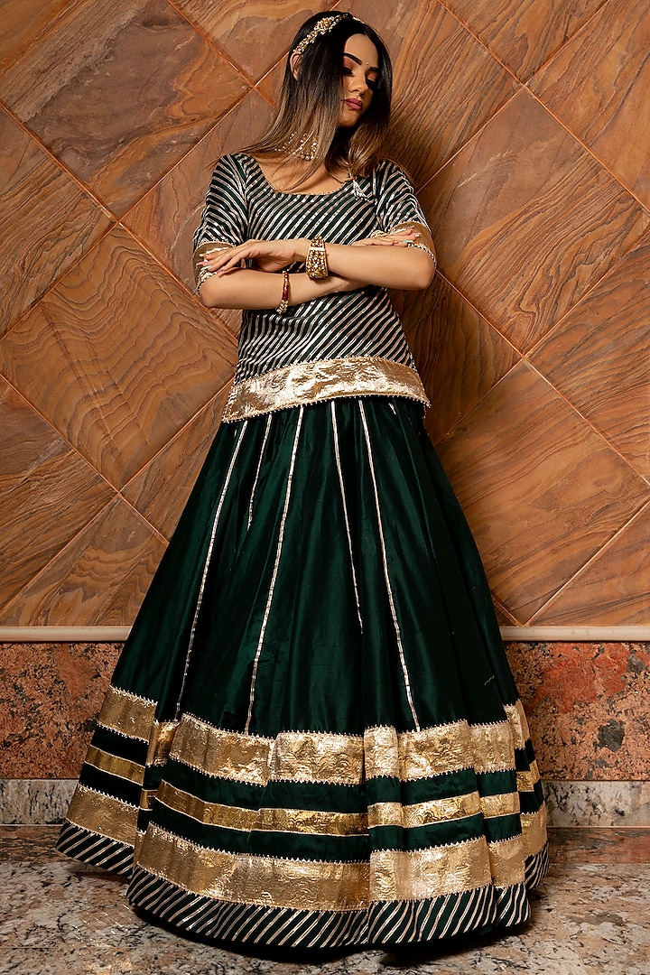 Dark Green Cotton Silk Gota Work Wedding Lehenga Set by Pomcha Jaipur at Pernia's Pop Up Shop