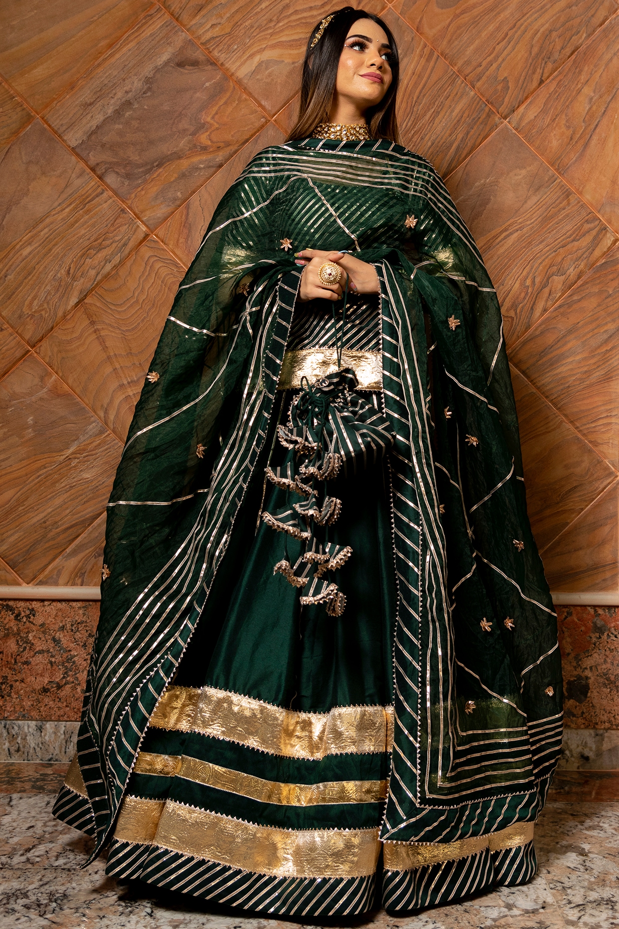 Buy Pine Green Lehenga Choli In Satin With Floral Print And Moti Work Along  With A Loop Detailed Organza Dupatta Online - Kalki Fashion