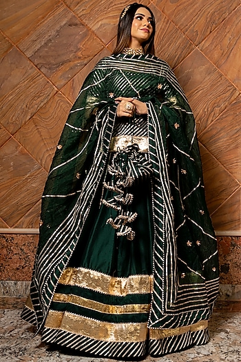 Dark Green Cotton Silk Gota Work Wedding Lehenga Set by Pomcha Jaipur at Pernia's Pop Up Shop