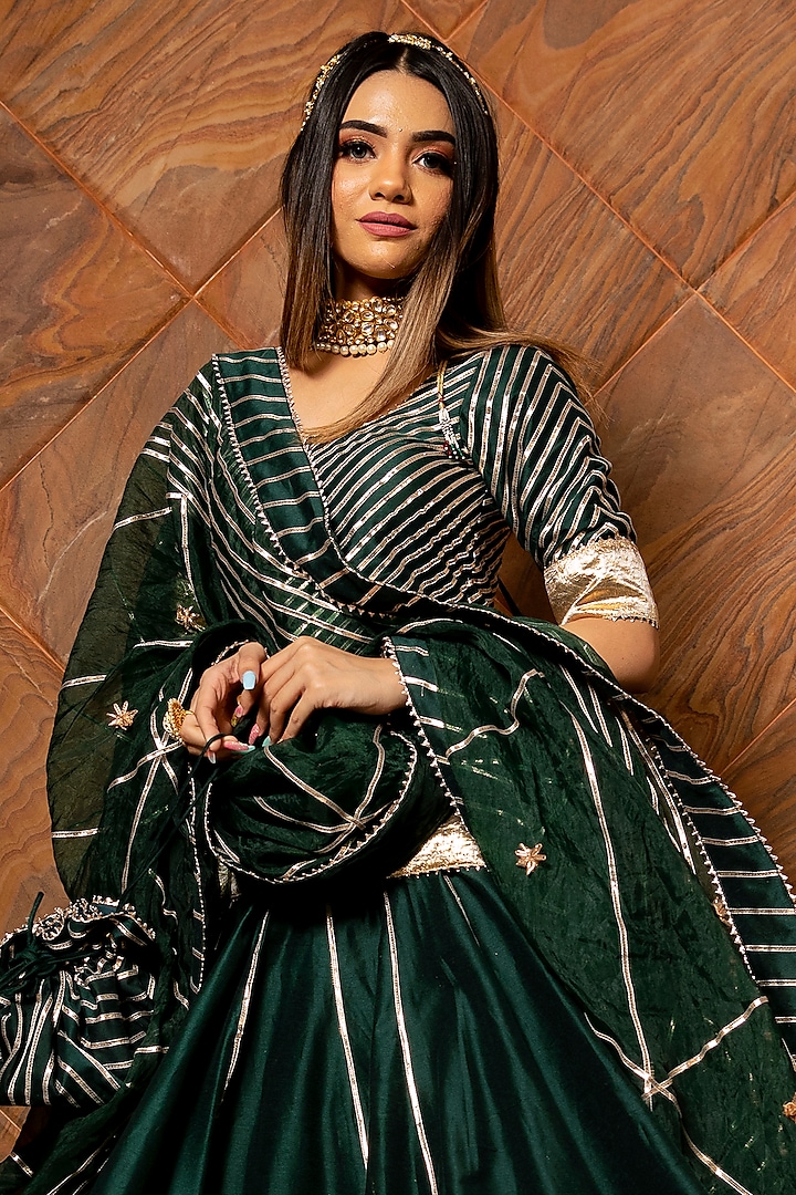 Dark Green Cotton Silk Gota Work Wedding Lehenga Set by Pomcha Jaipur at Pernia's Pop Up Shop