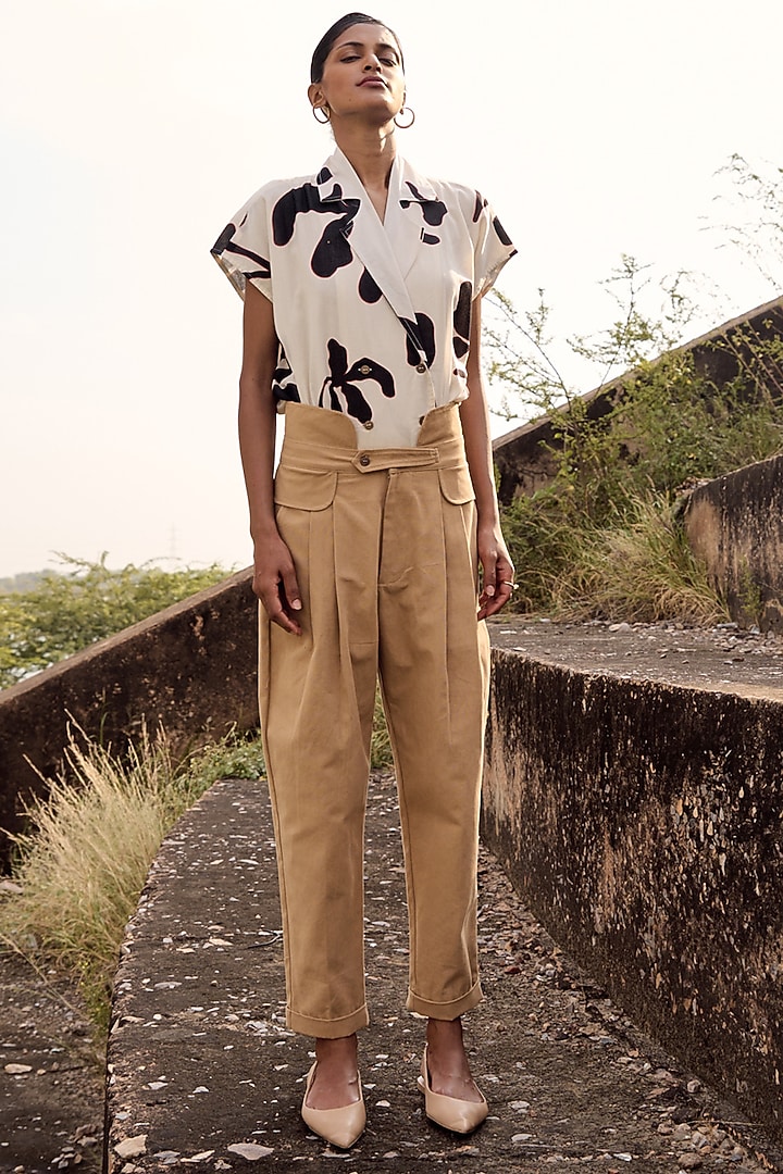 Beige Oxford Cotton Trousers by Khara Kapas at Pernia's Pop Up Shop