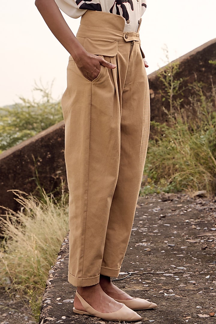 Beige Oxford Cotton Trousers by Khara Kapas