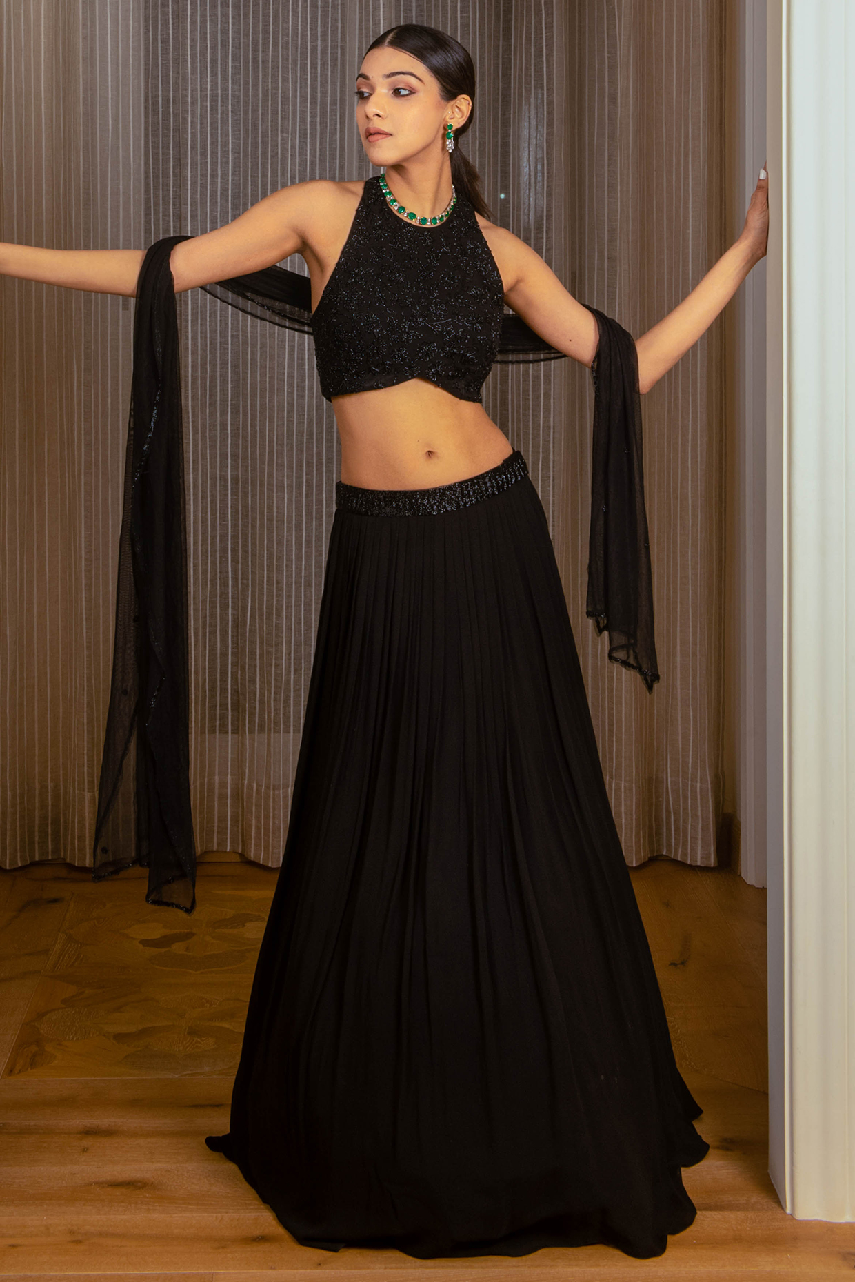 Black Georgette Embroidered Lehenga Set by AURUHFY