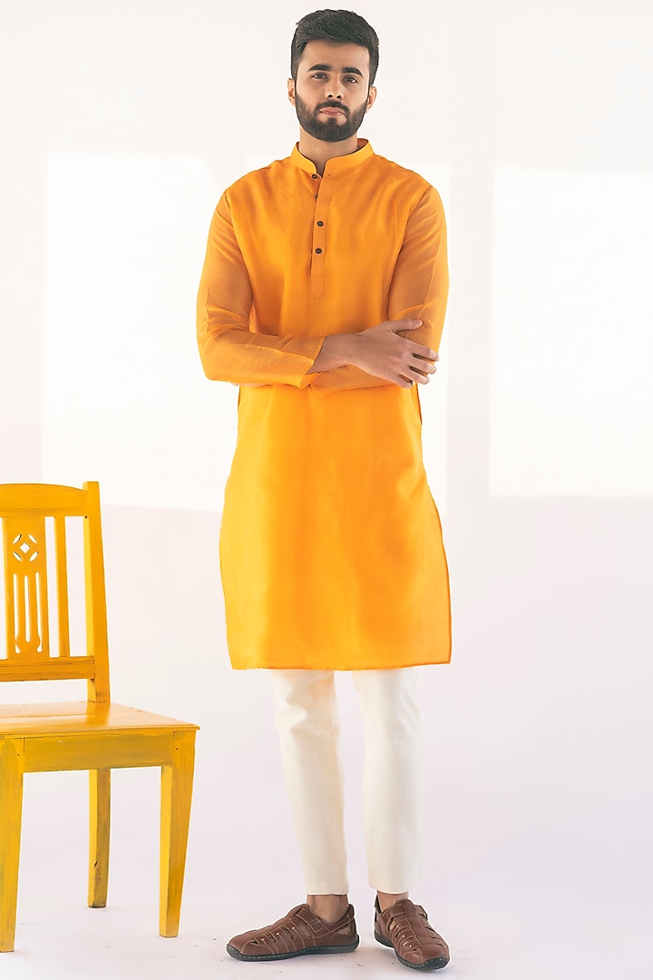 Orange Handwoven Silk Organza Kurta by VAANI BESWAL MEN at Pernia's Pop Up Shop