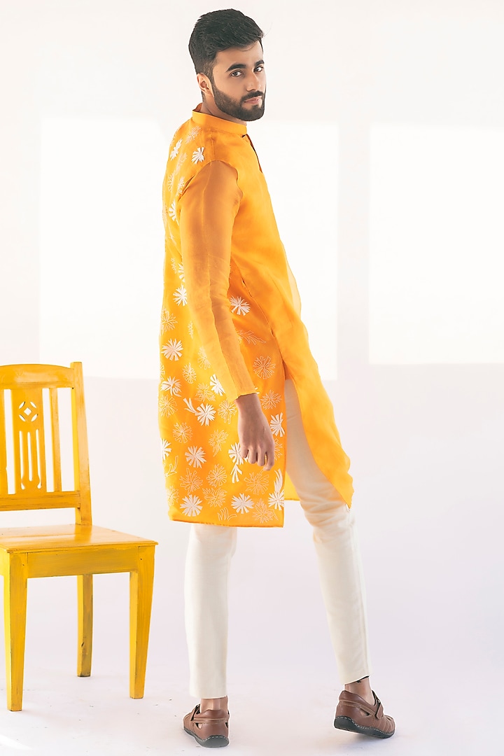 Orange Handwoven Silk Organza Kurta by VAANI BESWAL MEN at Pernia's Pop Up Shop