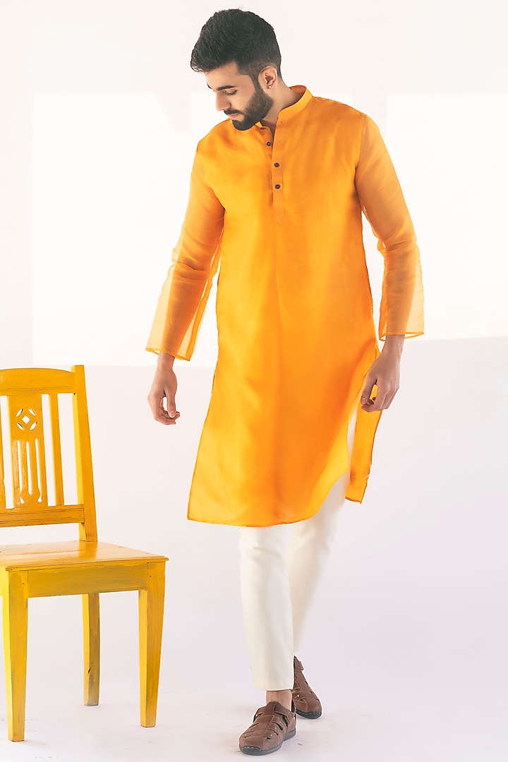 Orange Handwoven Silk Organza Kurta by VAANI BESWAL MEN at Pernia's Pop Up Shop
