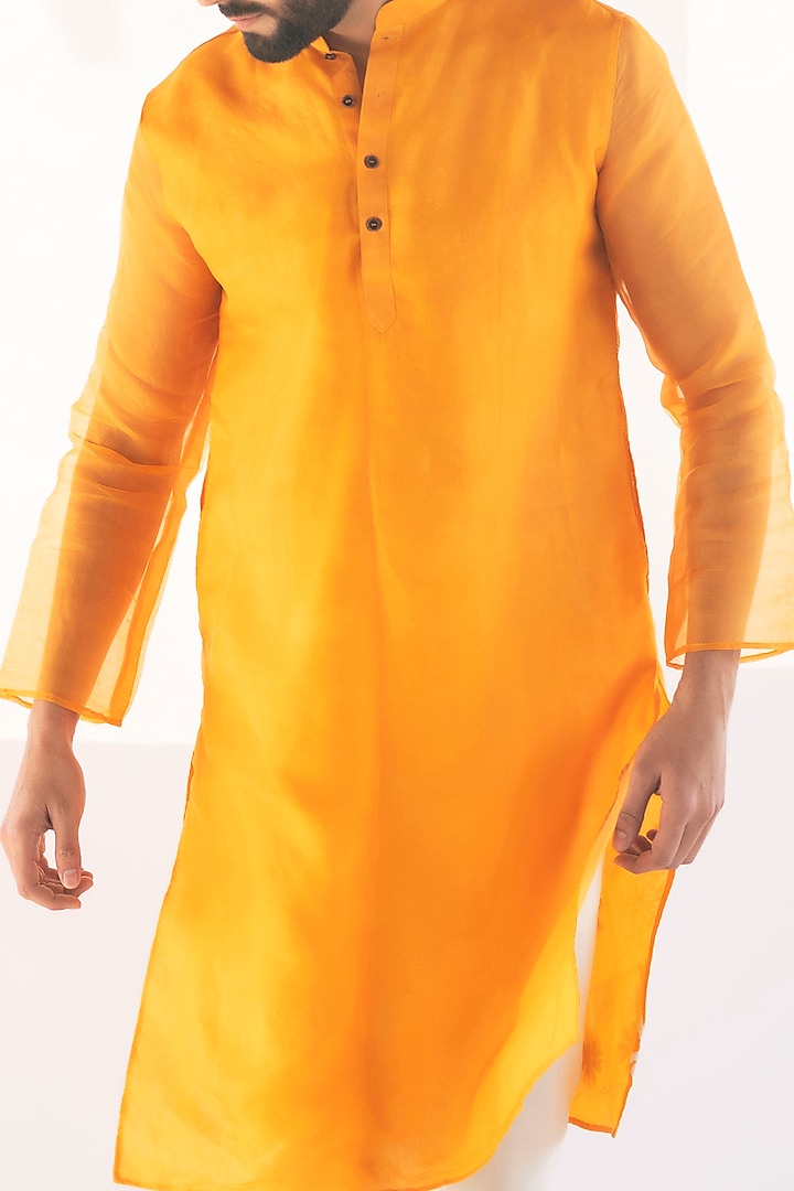 Orange Handwoven Silk Organza Kurta by VAANI BESWAL MEN at Pernia's Pop Up Shop