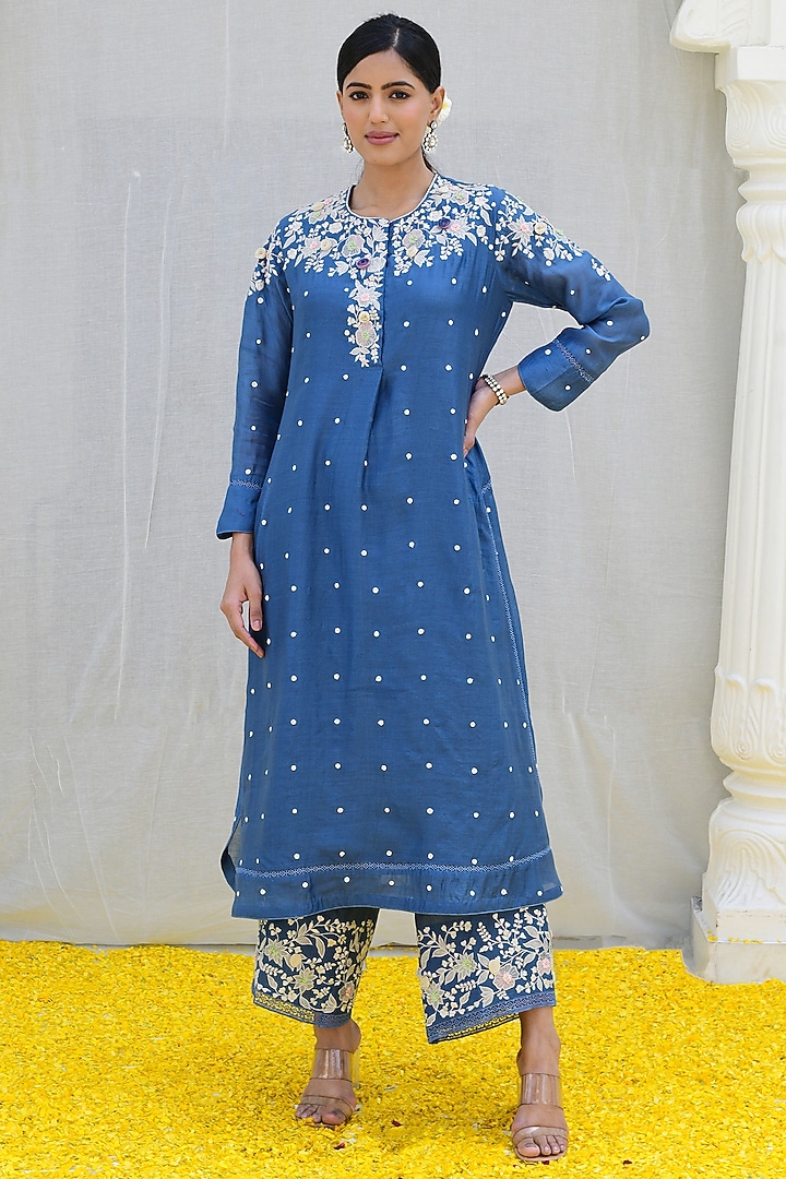 Blue Bemberg Embroidered Kurta Set by Niti Bothra at Pernia's Pop Up Shop