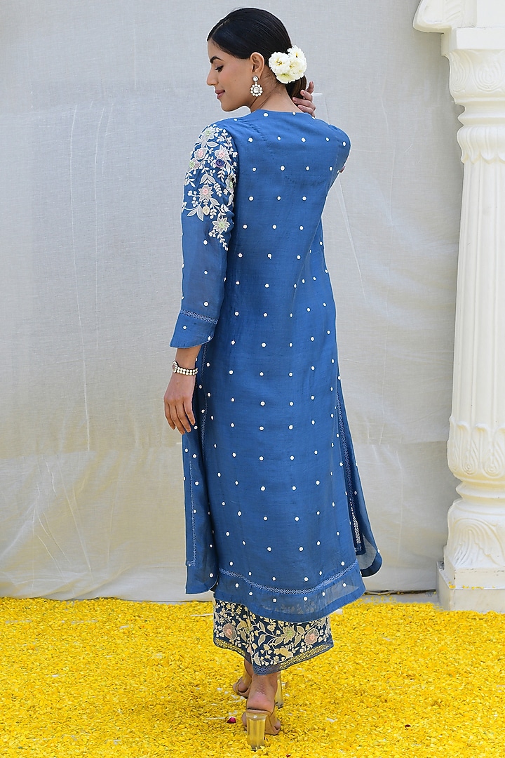 Blue Bemberg Embroidered Kurta Set by Niti Bothra at Pernia's Pop Up Shop