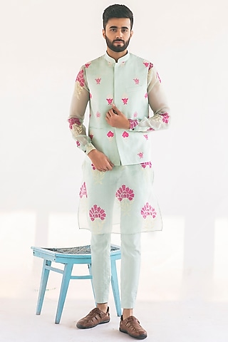 Chalk Blue Handwoven Silk Organza Kurta With Waistcoat by VAANI BESWAL MEN