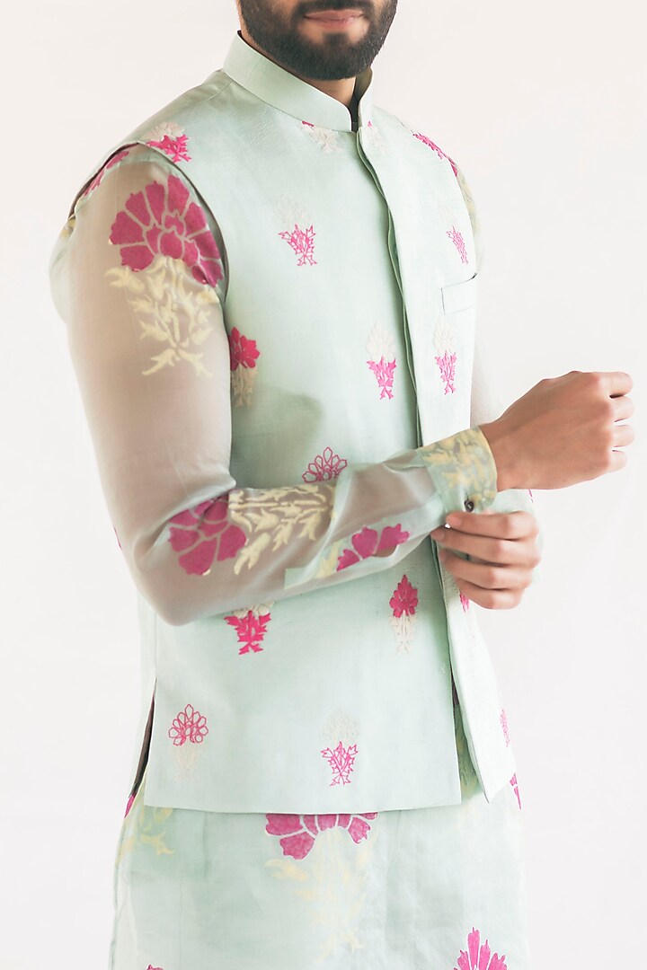 Chalk Blue Handwoven Silk Organza Kurta With Waistcoat by VAANI BESWAL MEN at Pernia's Pop Up Shop