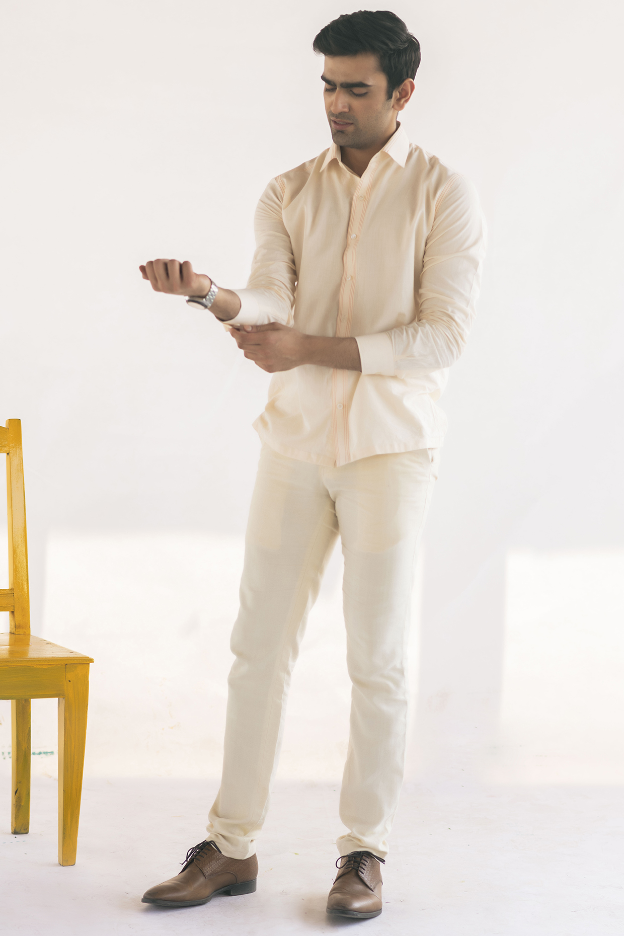 White Handwoven Cotton Shirt by VAANI BESWAL MEN