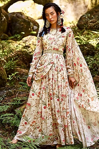 Off-White Hand Embroidered Anarkali Set by Paulmi & Harsh
