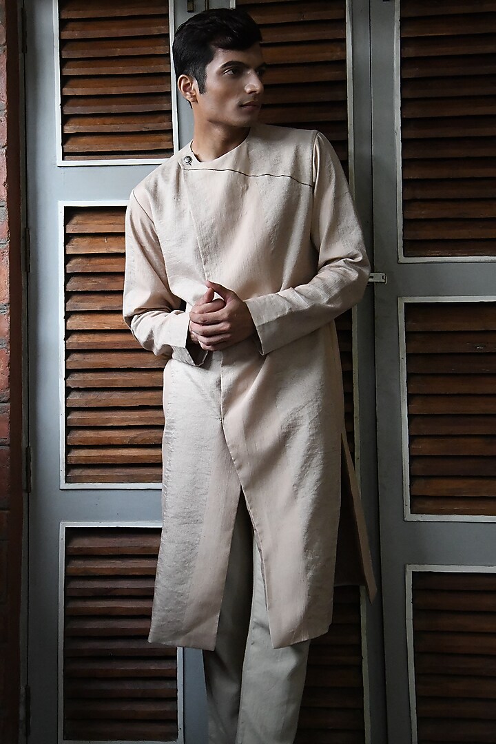 Pecan Peach Bandhgala Jacket Set by VAANI BESWAL MEN at Pernia's Pop Up Shop