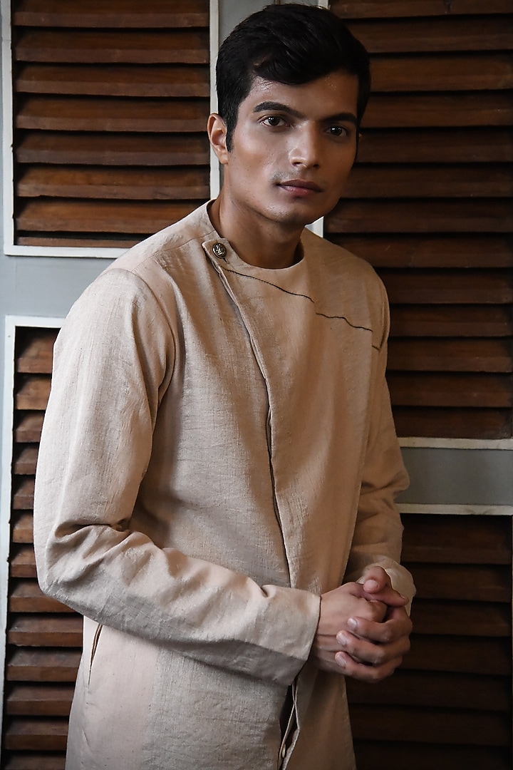Pecan Peach Bandhgala Jacket Set by VAANI BESWAL MEN at Pernia's Pop Up Shop